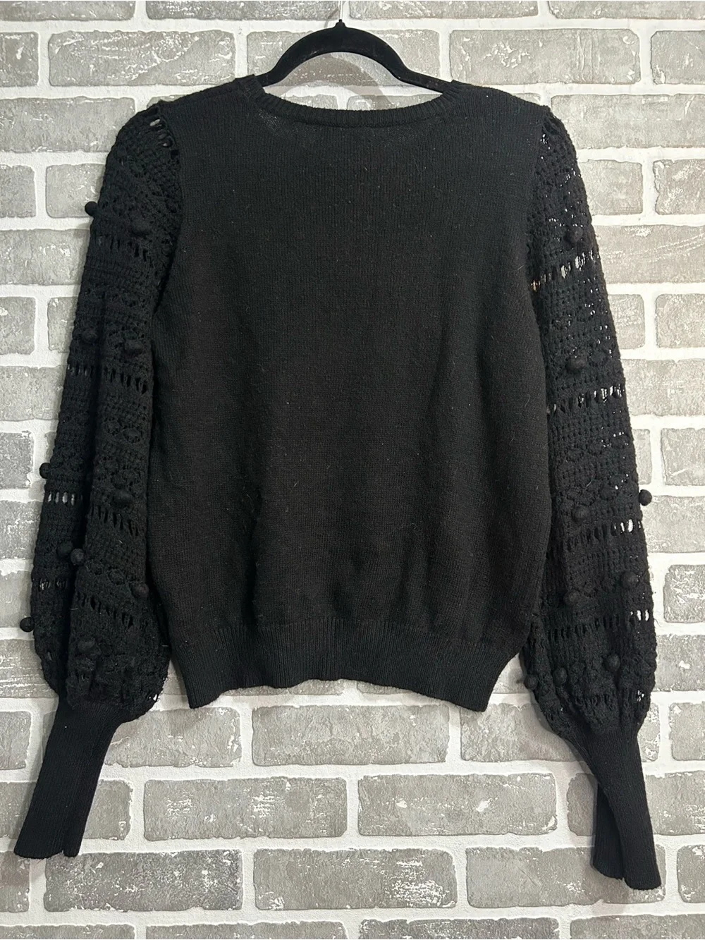 Lilly Pulitzer Black Pom Pom Sleeve Sweater Women L Crochet Balloon Sleeve Knit
